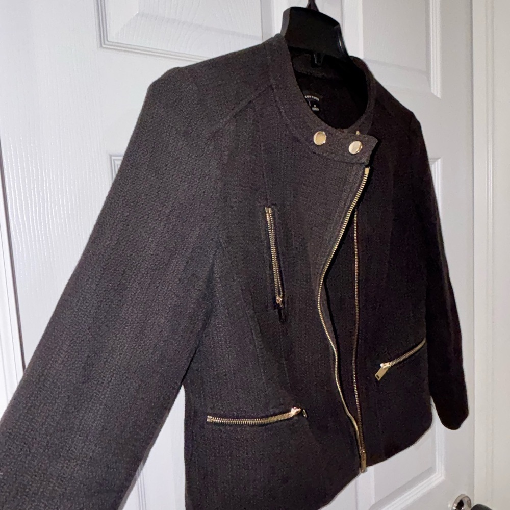 Ann Taylor Black Off Center Front gold Zipper Closure Blazer Suit Jacket  SZ 8‌ - Picture 7 of 9